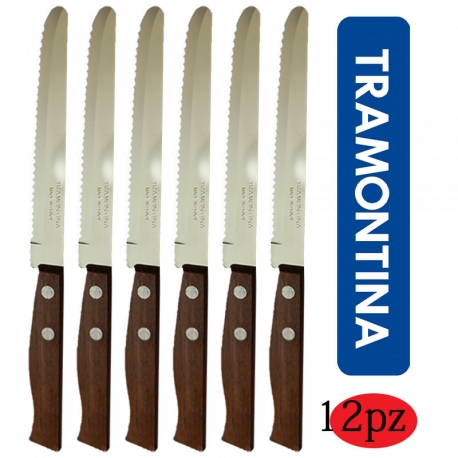 12 COLTELLI "TRAMONTINA" PUNTA CURVA LAMA INTERAMENTE SEGHETTATA MANICO IN LEGNO