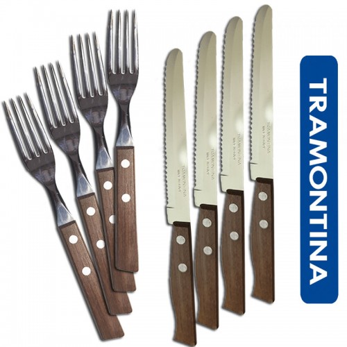 24pz FORCHETTE COLTELLI MANICO LEGNO TRAMONTINA PUNTA CURVA SEGHETTATI