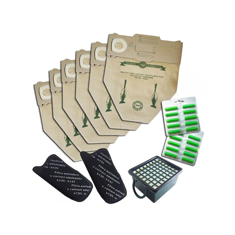 12 SACCHETTI + 20 PROFUMI + 2 FILTRI ANTIODORE + FILTRO HEPA PER FOLLETTO VK 130 131 12 SACCHETTI + 20 PROFUMI + 2 FILTRI ANTIODORE + FILTRO HEPA PER FOLLETTO VK 130 131
