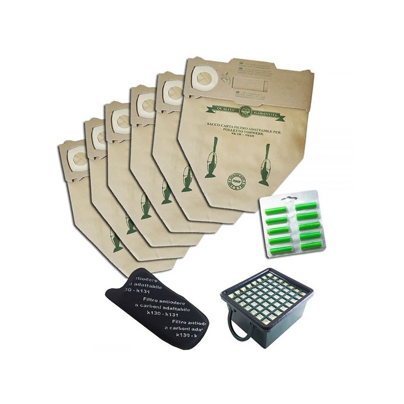 6 SACCHETTI + 10 PROFUMI + FILTRO ANTIODORE + FILTRO IGIENICO PER FOLLETTO VK 130 131 6 SACCHETTI + 10 PROFUMI + FILTRO ANTIODORE + FILTRO IGIENICO PER FOLLETTO VK 130 131